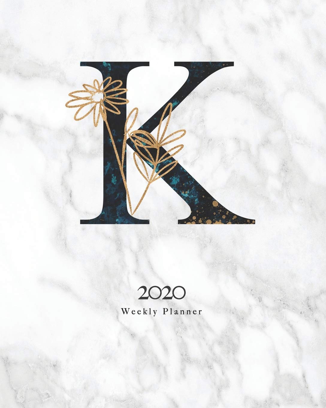 2020 Weekly Planner: Black & Blue Abstract Monogram Planner With Letter "K" on Luxury Gray Marble Books