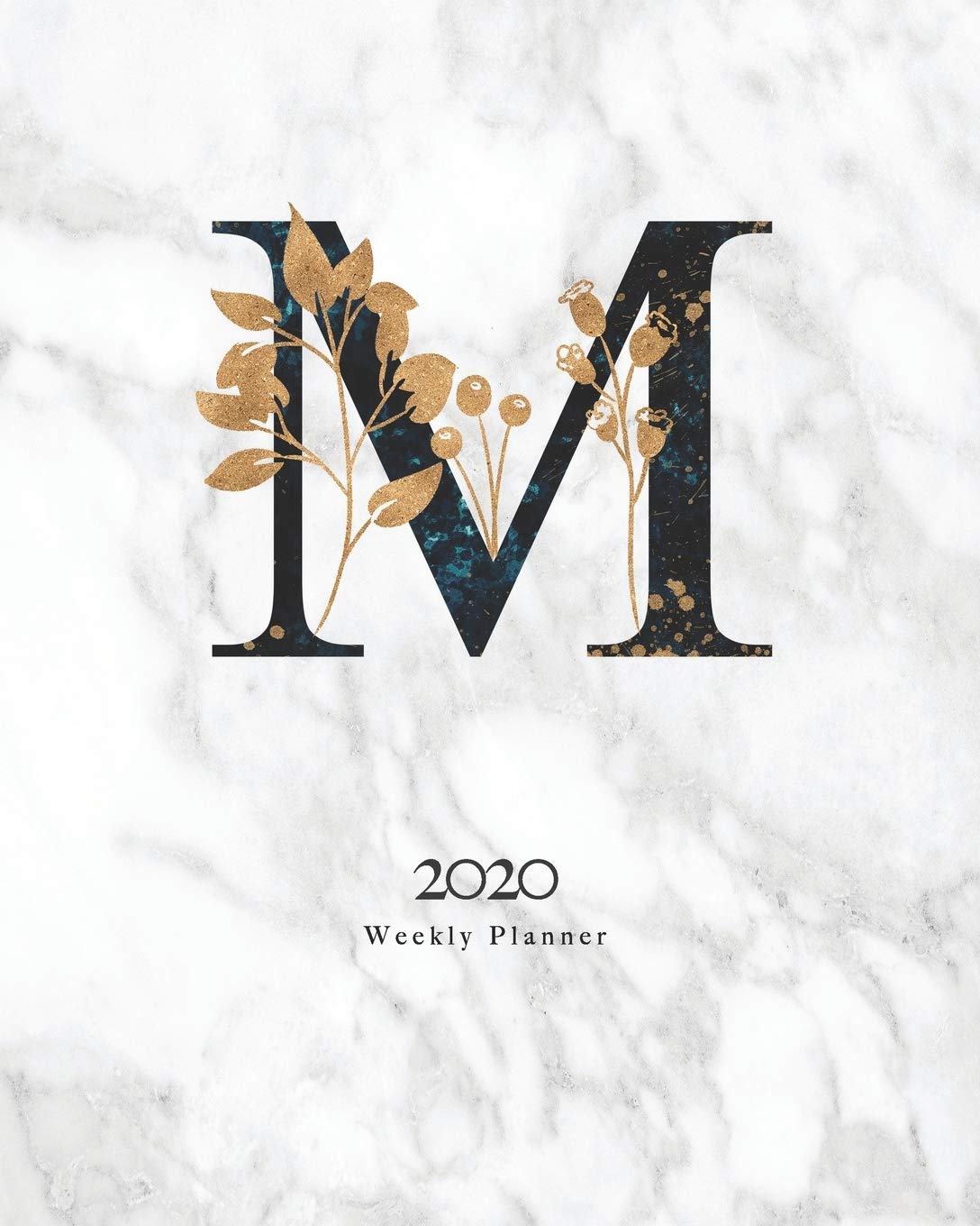 2020 Weekly Planner: Black & Blue Abstract Monogram Planner With Letter "M" on Luxury Gray Marble Books