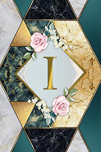 I: Floral Monogram Letter I Initial College Ruled Notebook for Girls & Women | Fantastic Personalized Medium Lined Journal for Notes & Writing | Lovely Turquoise, Gold, Black & White Marble Lifestyle