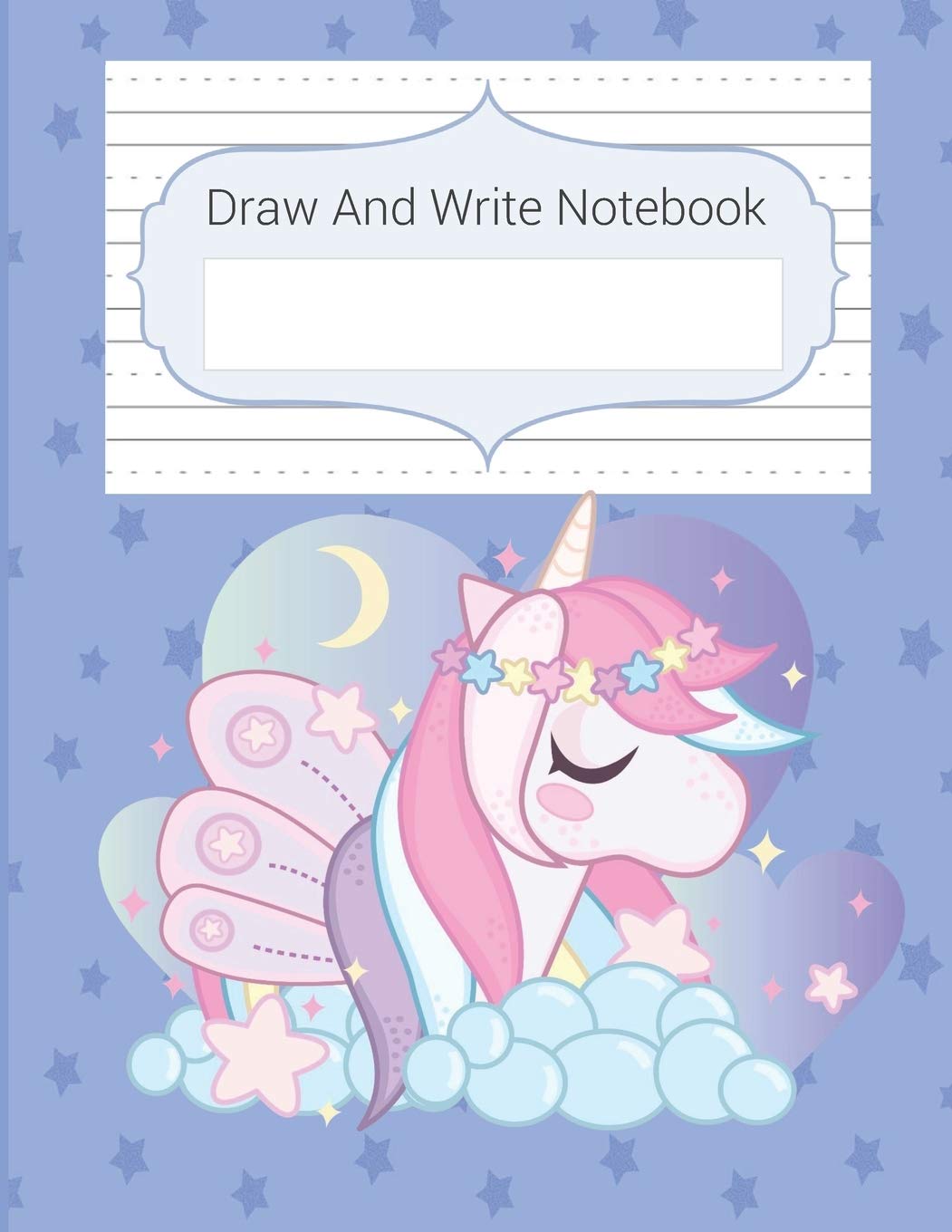 Draw And Write Notebook: Blue Stars & Unicorn Story Paper Notebook For Kids, Story Space & Dotted Mid-Line Notebook, Black & White Blank Handwriting & Sketch Notebook For Primary, Kindergarten, K-3rd Reading Aloud & Learning to Read