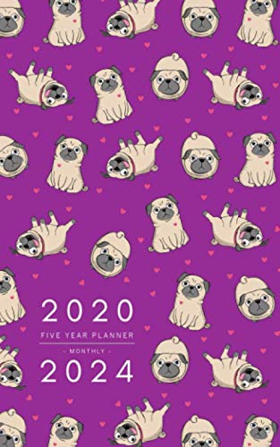Five Year Planner 2020-2024: 5x8 Monthly Notebook Organizer Small | 5 Year Planner - Jan 2020 to Dec 2024 | Cute Pug Mini Heart Design Purple book