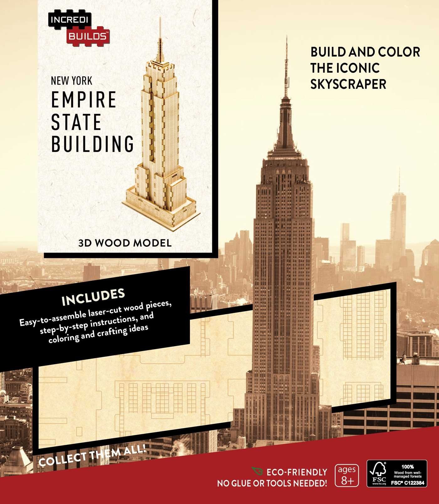 INCREDIBUILDS: NEW YORK: EMPIRE STATE BUILDING 3D WOOD MODEL: Build and Color the iconic skyscraper. Includes easy-to-assemble laser-cut Wood pieces, ... instructions and coloring and crafting ideas Living & Furnishing