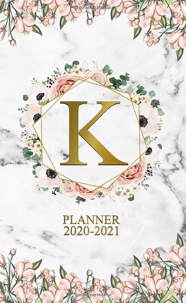 2020-2021 Planner: Nifty Floral Monogram Initial Letter K Two Year 2020-2021 Monthly Pocket Planner | 24 Months Spread View Agenda With Notes, Contact List & Password Log | Natural Grey Marble & Gold Business, Finance & Career