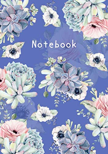 Notebook: B5 Medium Lined Journal with Numbered Pages and Blank Date on Top | Watercolor Succulent Design Blue Learning & Reference