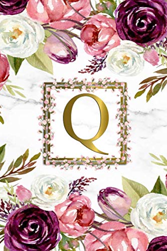 Q: Pretty Monogram Initial Q Wide Ruled Notebook for Women, Girls & School - Personalized Blank Wide Lined Journal & Diary - Watercolor Floral & Grey Marble Print Lifestyle