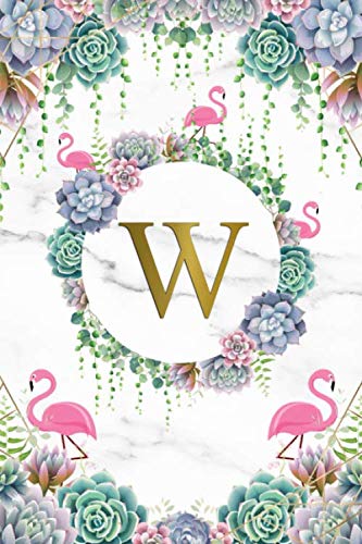 W: Pretty Monogram Initial W Wide Ruled Notebook for Women, Girls & School - Girly Flamingo & Marble Personalized Wide Lined Journal & Diary - Desert Cactus & Succulents Bonanza Film, Art & Culture