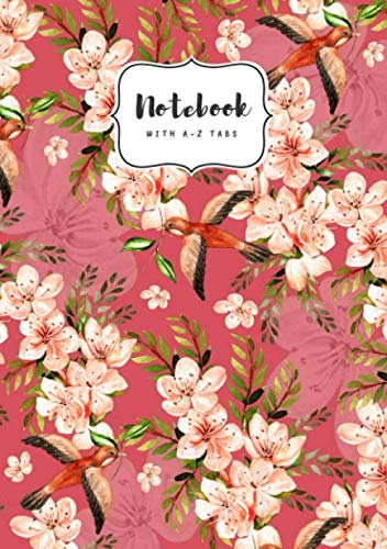 Notebook with A-Z Tabs: A5 Medium Lined Journal | Alphabetical Indexes | Pretty Flower Bird Design Red book
