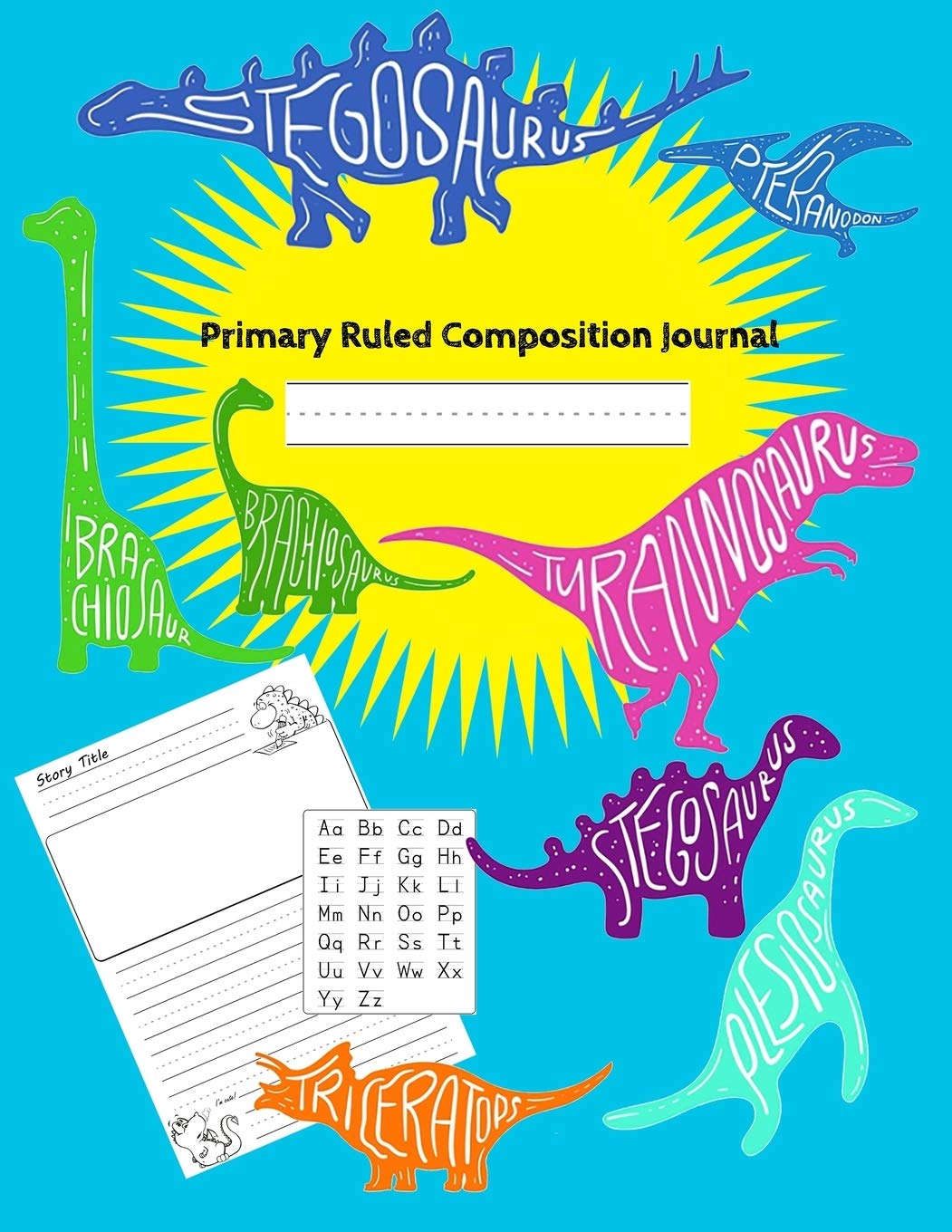 Primary Ruled Composition Book: Dinosaur composition notebook with types of dinosaurs on glossy cover. Dotted midline and picture space 8.5 x 11in,100 ... great draw and write journal for kids Reading Aloud & Learning to Read