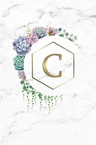C: Cute Marble & Gold Monogram Initial Letter C Wide Ruled Blank Notebook for Girls & Women - Cactus & Succulents Personalized Wide Lined Journal & Diary for Writing & Notes. Hobbies & Crafts