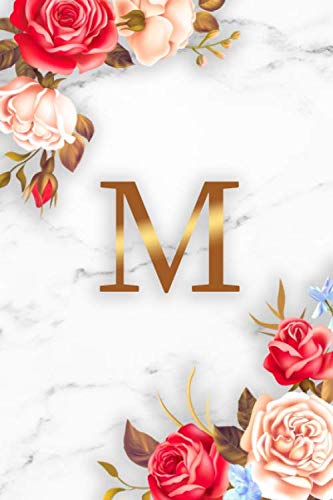 M: Pretty Initial Monogram Letter M Wide Ruled Notebook for Notes & Writing - Girly Floral Personalized Wide Lined Blank Journal & Diary for Women and Girls - Glossy Marble & Gold Print Partnership & Love