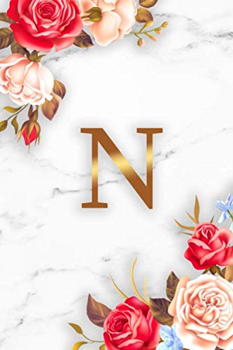 N: Pretty Initial Monogram Letter N Wide Ruled Notebook for Notes & Writing - Girly Floral Personalized Wide Lined Blank Journal & Diary for Women and Girls - Glossy Marble & Gold Print Education & Training