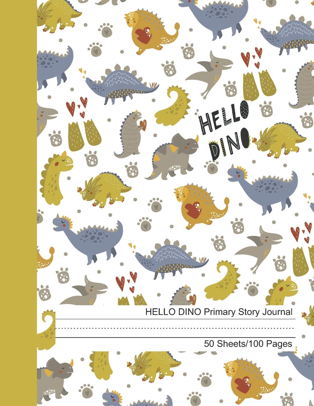 HELLO DINO Primary Story Journal: Dotted Midline and Picture Space | Grades K-2 School Exercise Book | 100 Story Pages | Kids Composition Notebooks Reading Aloud & Learning to Read