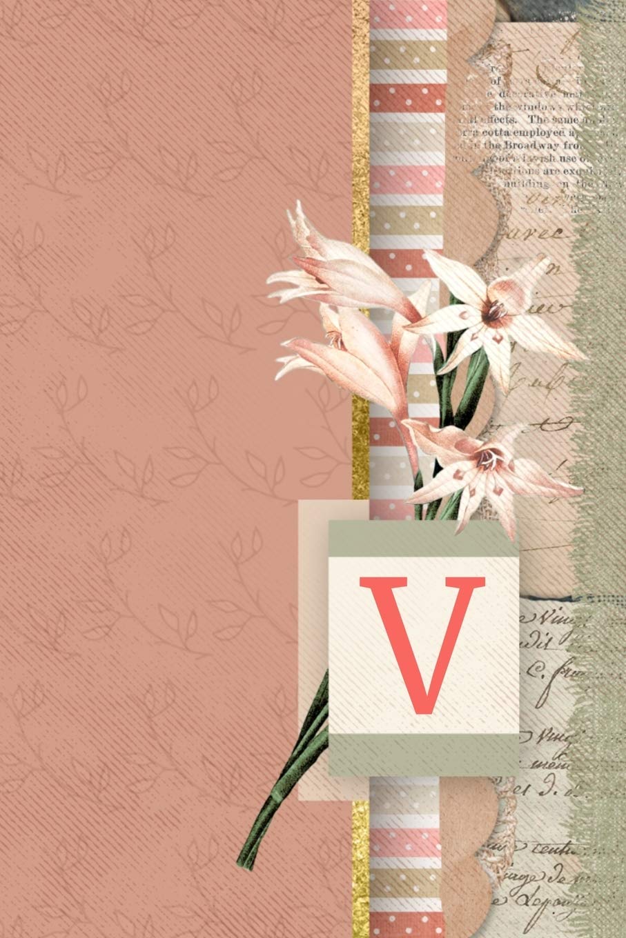 V: Vintage Art Journal Monogram Letter V | Peach Floral Personalized Blank Lined Journal | Gift for Women & Girls Essays & Short Stories