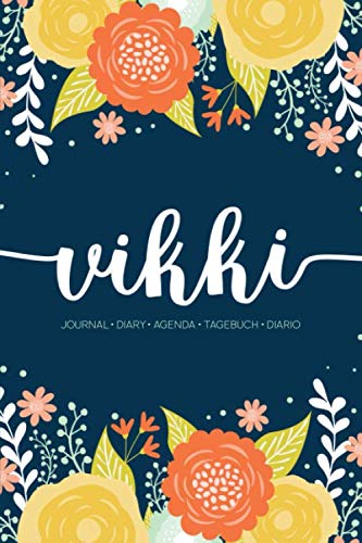 Vikki: Journal | Diary | Agenda | Tagebuch | Diario: 150 pages paginas seiten pagine: Modern Florals First Name Notebook in Orange, Mint & Yellow on Navy ACH557b Lifestyle