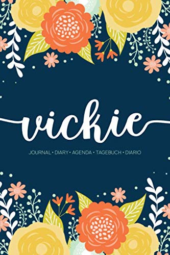 Vickie: Journal | Diary | Agenda | Tagebuch | Diario: 150 pages paginas seiten pagine: Modern Florals First Name Notebook in Orange, Mint & Yellow on Navy ACH558b Lifestyle