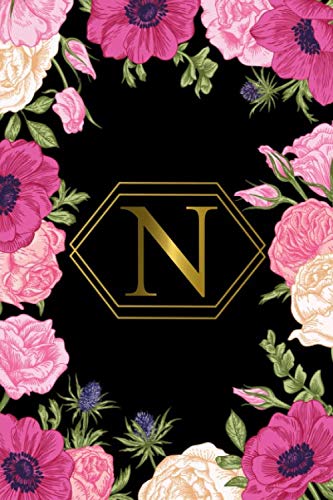 N: Trendy Black & Gold Monogram Initial Letter N Dot Grid Bullet Notebook for Women, Girls & School - Personalized Blank Journal & Diary with Dot Gridded Pages - Adorable Pink Floral Print book