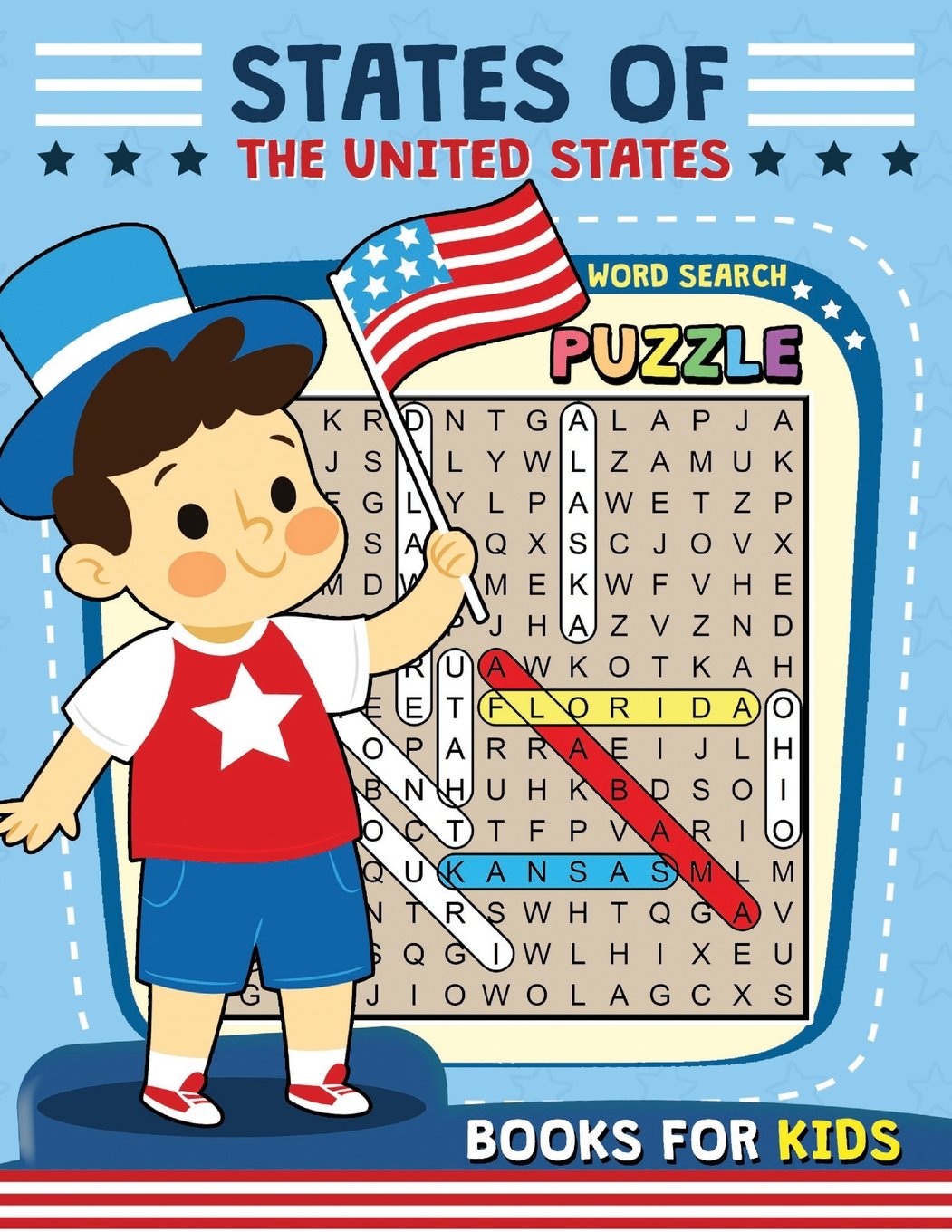 States of the United States Word Search Puzzle: Easy and Fun Activity Learning Work with Coloring Pages Tiptoi & Games