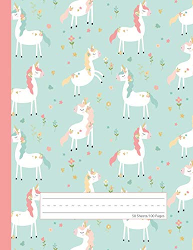 Unicorn Flowers - Primary Story Journal: Picture Space And Dotted Midline | Grades K-2 School Exercise Book | 100 Story Pages - Blue Books