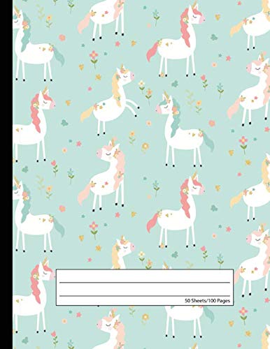 Unicorn Flowers Notebook - Wide Ruled: Composition School Exercise Book For Writing and Taking Notes | 100 Lined Pages - Blue Books