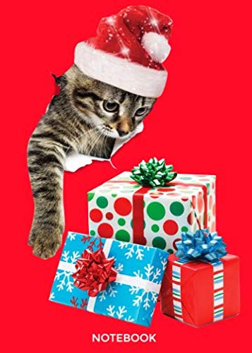 Notebook: Cat Reaching For Gifts Christmas Notebook - 120 Pages Lined - 5"x7" Books