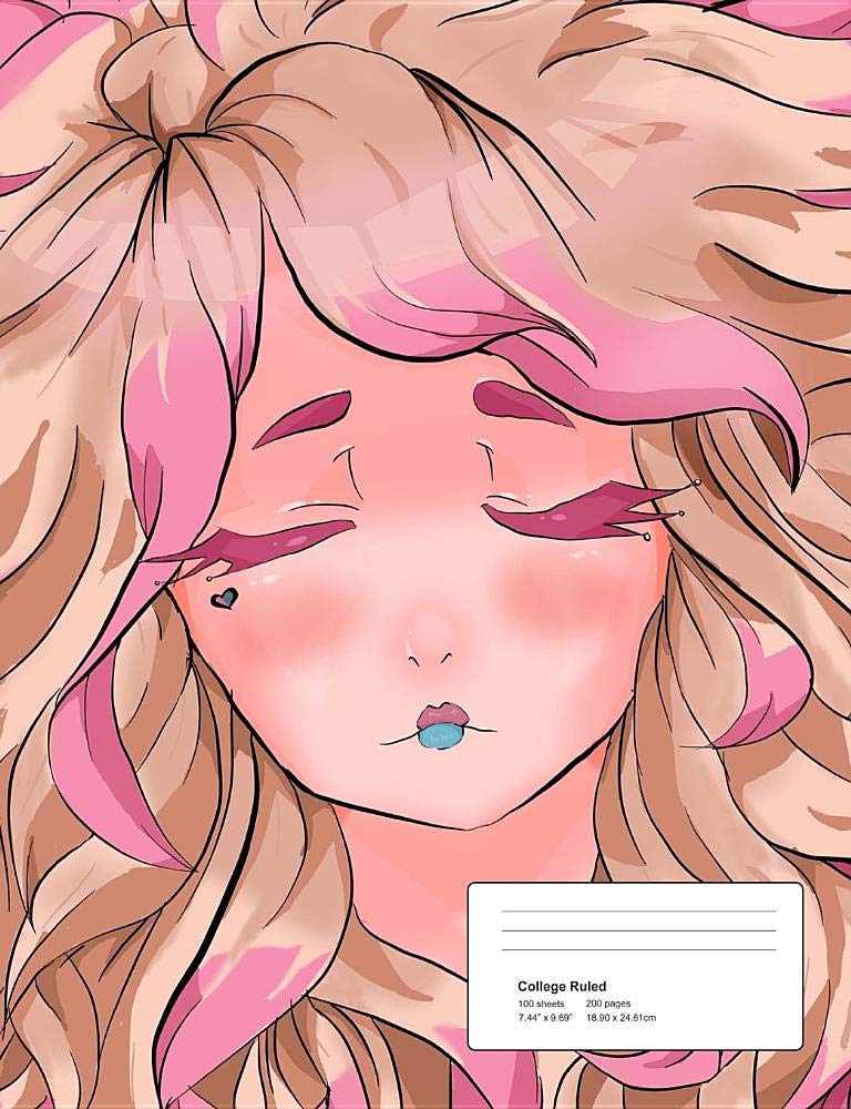 Cute Pink Anime Girl College Ruled Composition Books / Notebooks: Lilac Back Cover, Lined Paper Blank Book, High School and College Notebook For Girls, 9.69 L x 7.44 W in., 100 sheets or 200 pages Learning & Reference