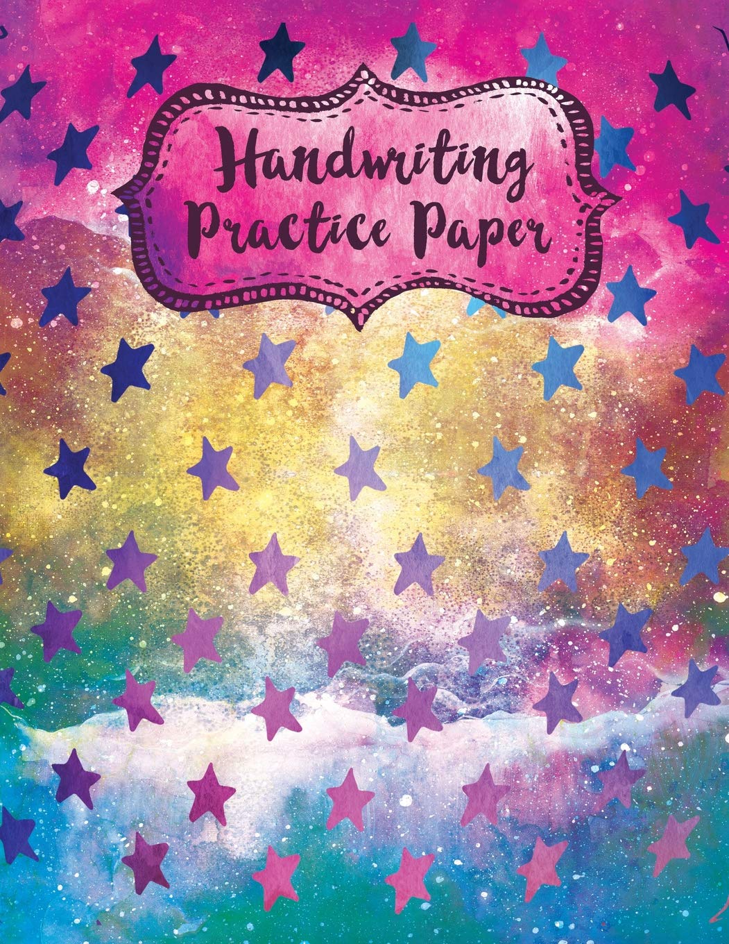 Handwriting Practice Paper: Watercolor Pink Yellow Green Stars Blank Cursive Lettering Study Guides