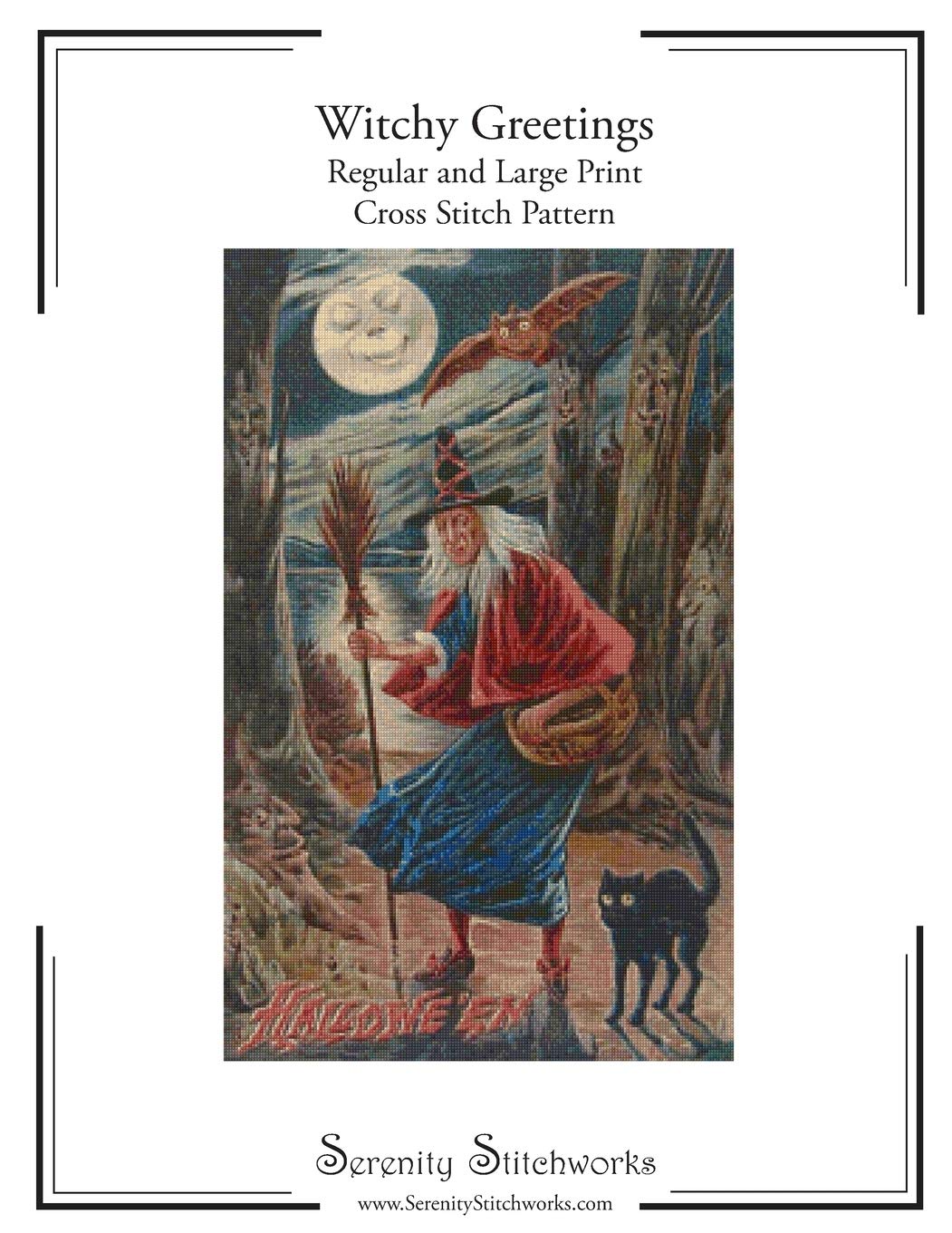 Witchy Greetings Cross Stitch Pattern: Regular and Large Print Cross Stitch Chart Hobbies & Crafts