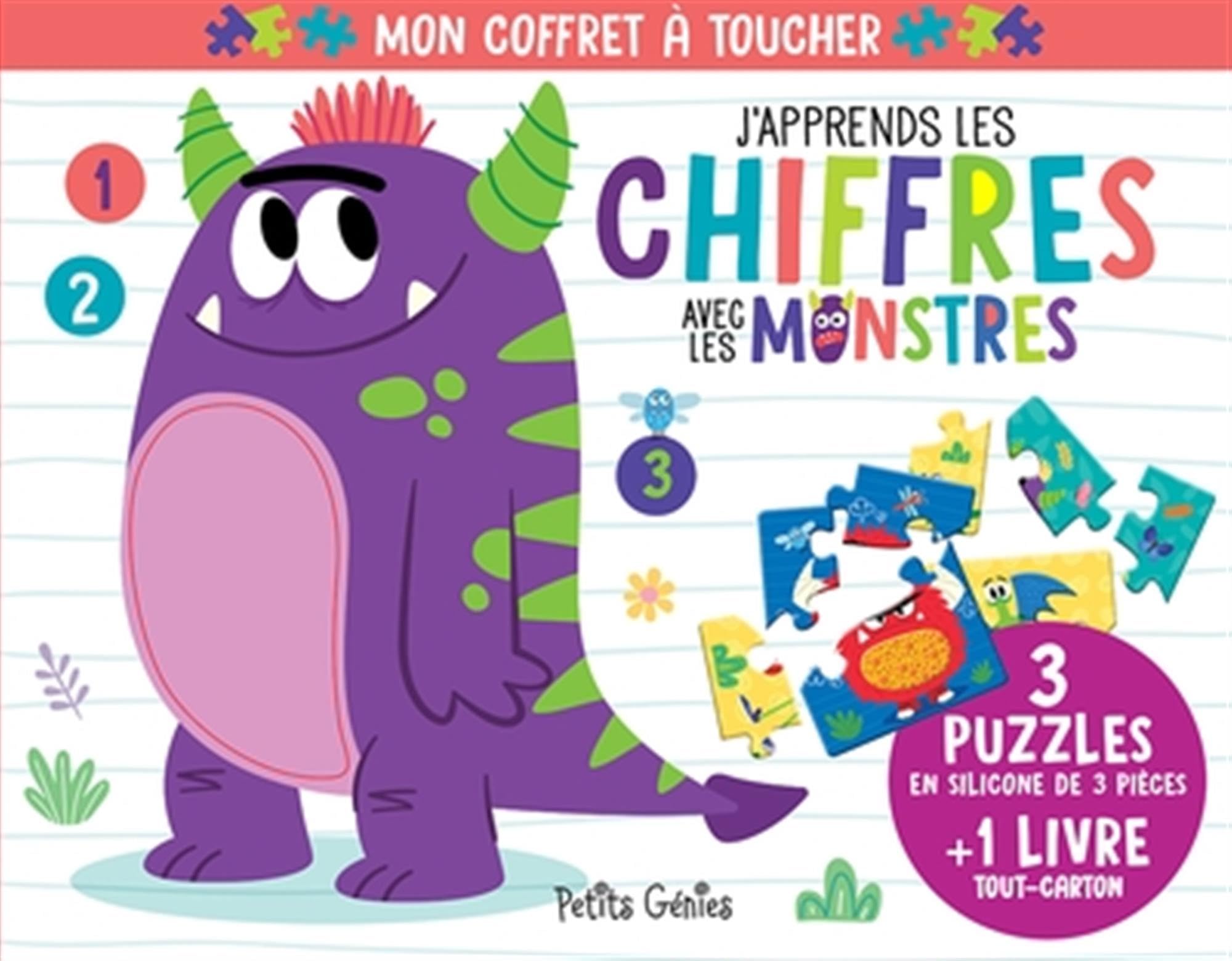 J'apprends les chiffres avec les monstres: Coffret avec 3 puzzles en silicone de 3 pièces et 1 livre tout-carton Non-fiction