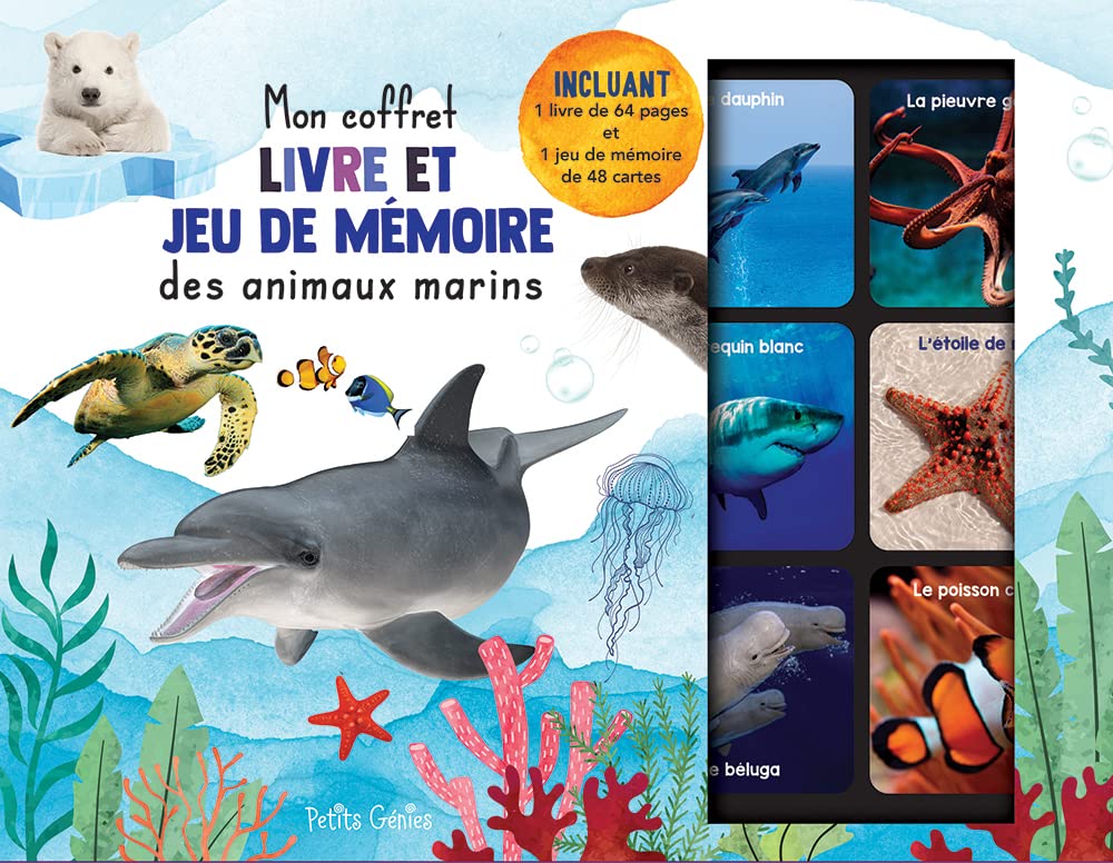 Mon coffret livre et jeu de mémoire des animaux marins: Incluant 1 livre de 64 pages et 1 jeu mémoire de 48 cartes book
