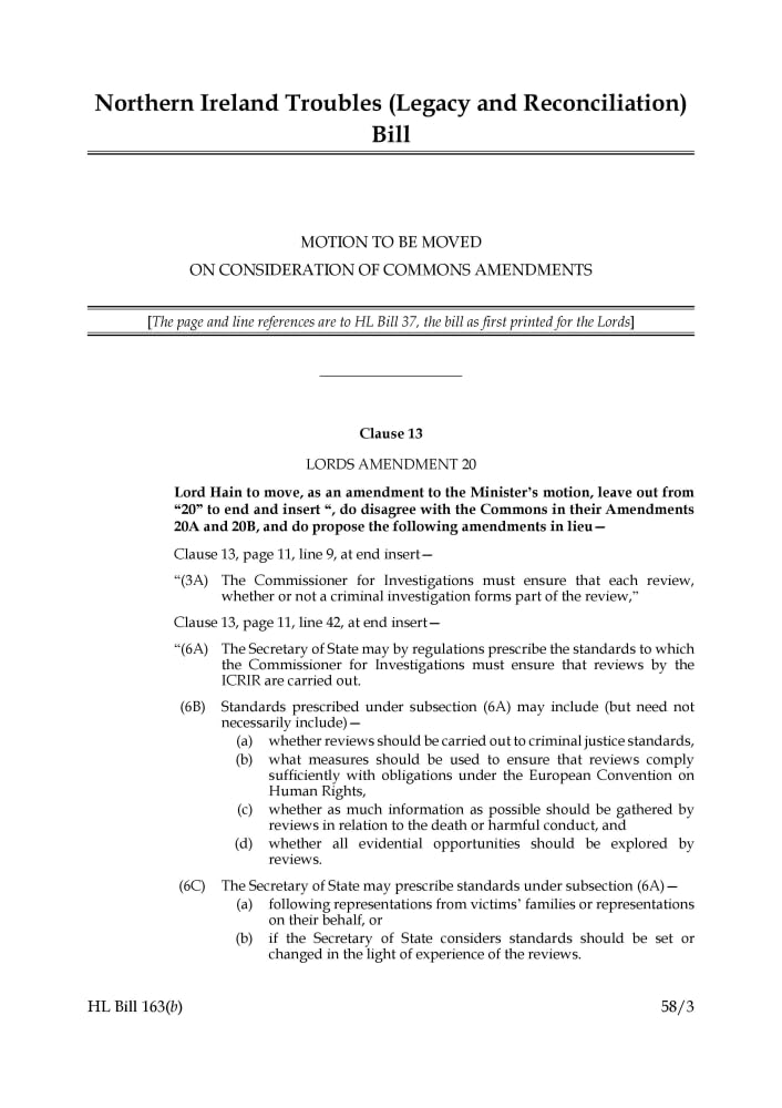 Northern Ireland Troubles (Legacy and Reconciliation) Bill Motion to be moved on consideration of Commons amendments (House of Lords) HLB 163 b Books