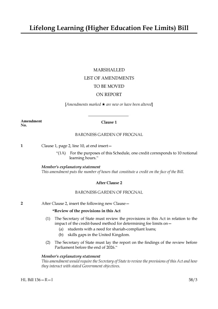 Lifelong Learning (Higher Education Fee Limits) Bill Marshalled List of Amendments to be moved on report (House of Lords) HLB 136 R I Books