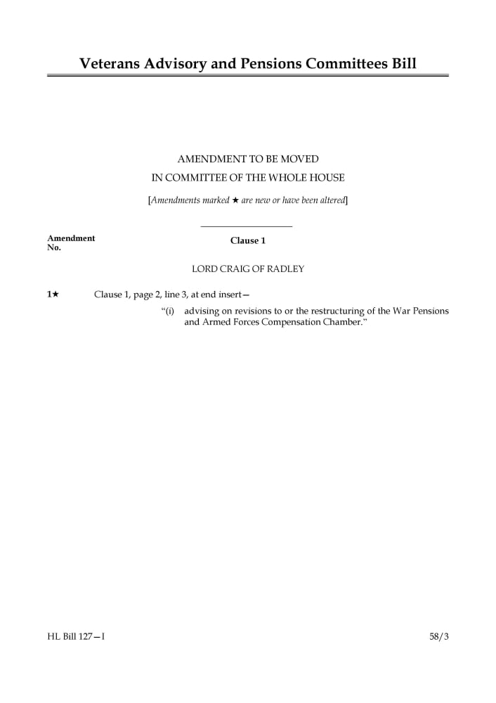Veterans Advisory and Pensions Committees Bill Amendment to be moved in Committee of the Whole House (House of Lords) HLB 127 I Books