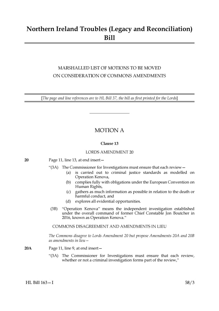 Northern Ireland Troubles (Legacy and Reconciliation) Bill Marshalled List of motions to be moved on consideration of Commons amendments (House of Lords) HLB 163 I Books