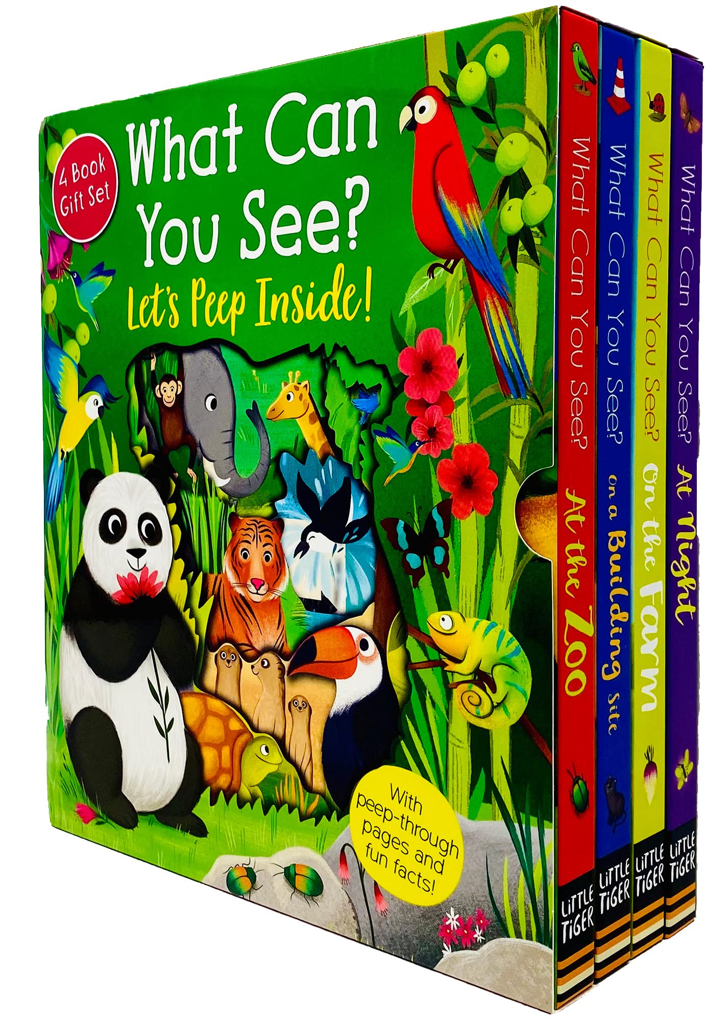 Jetez un coup d’œil à l’intérieur. Que pouvez-vous voir ? Coffret de collection de livres série 4 (Au zoo, la nuit, à la ferme et sur un chantier) book