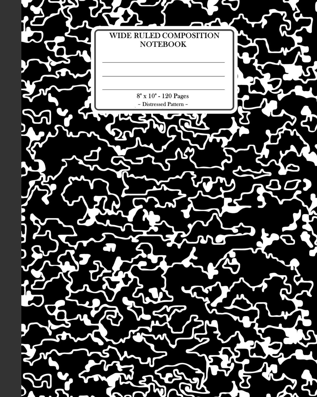 Wide Ruled Composition Notebook 8"x 10". 120 Pages. Distressed Pattern: Distressed Texture Pattern. Multi Purpose Wide Ruled Journal Paper. Black With White Knocked Down Pattern Cover. Education & Training