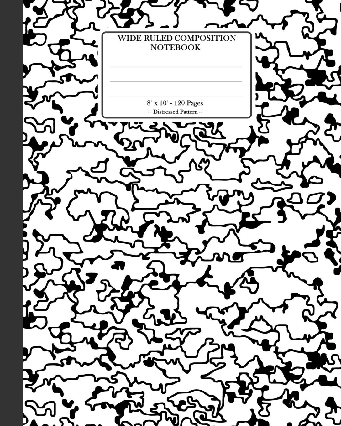 Wide Ruled Composition Notebook 8"x 10". 120 Pages. Distressed Pattern: Distressed Texture Pattern. Multi Purpose Wide Ruled Journal Paper. White And Black Knocked Down Pattern Cover. Education & Training