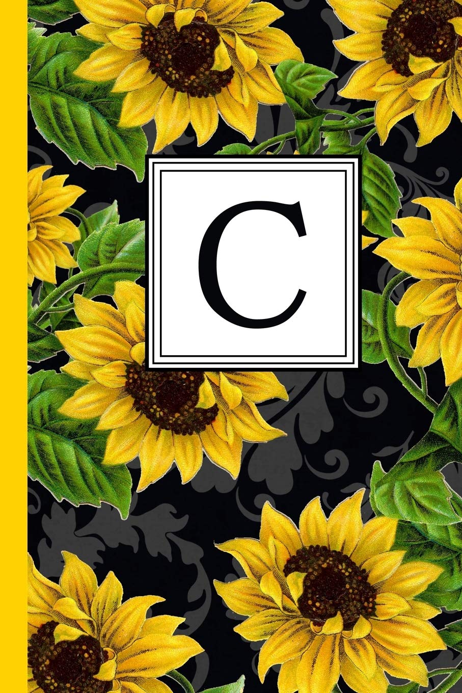 C: Floral Letter C Monogram personalized Journal, Black & Yellow Sunflower pattern Monogrammed Notebook, Lined 6x9 inch College Ruled 120 page perfect bound Glossy Soft Cover Contemporary literature