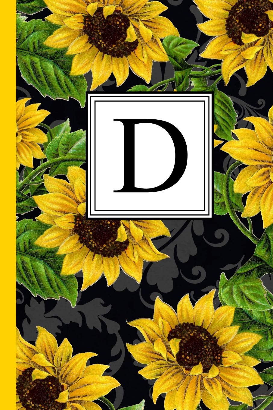 D: Floral Letter D Monogram personalized Journal, Black & Yellow Sunflower pattern Monogrammed Notebook, Lined 6x9 inch College Ruled 120 page perfect bound Glossy Soft Cover Contemporary literature