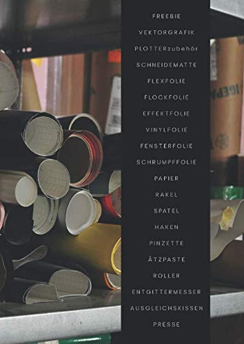 Freebie Vektorgrafik Plotterzubehör Schneidematte Flexfolie Flockfolie Effektfolie Vinylfolie Fensterfolie Schrumpffolie Papier Rakel Spatel Haken ... Mein DIY Tagebuch – HobbyPlotterNotizbuch Tiptoi & Games