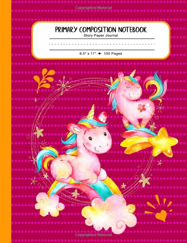Primary Composition Notebook - Story Paper Journal: Large Unicorn Writing And Drawing Book For Girls - Story Space, Dashed Dotted Mid-Line - Grades K-2, K-3 Study Guides