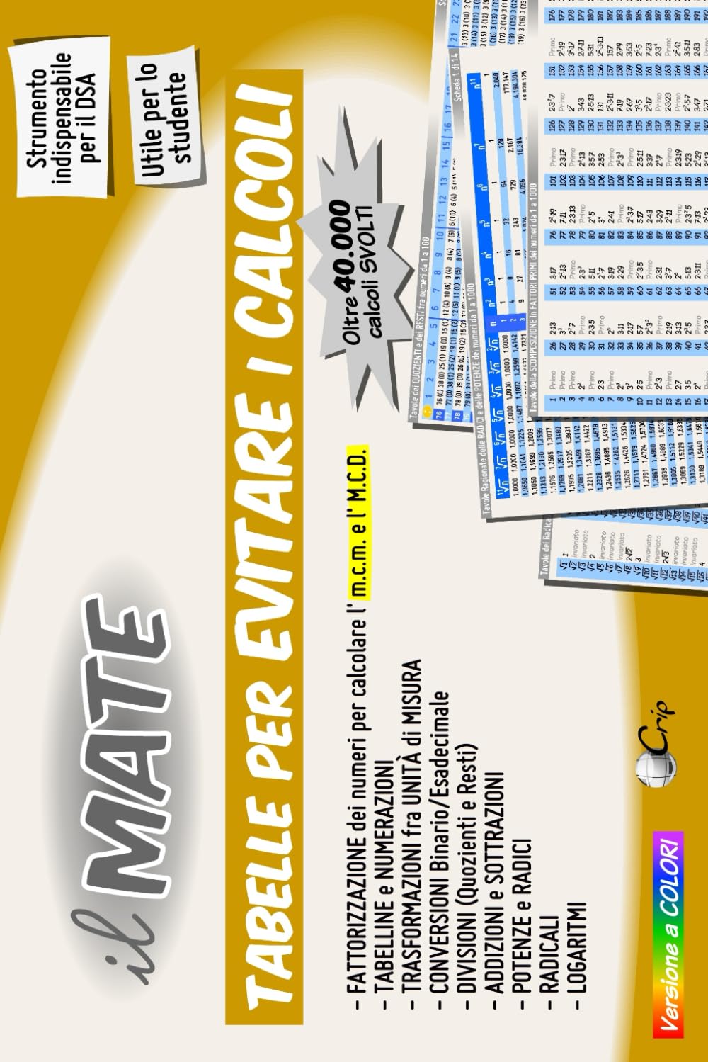 il MATE 22 - TABELLE PER IL CALCOLO: CALCOLARE e CONVERTIRE - Tavole e Tabelle delle: Potenze, Radici, Radicali, Tabelline, Numerazioni, Operazioni, Fattorizzazione, Quozienti e Resti. Education