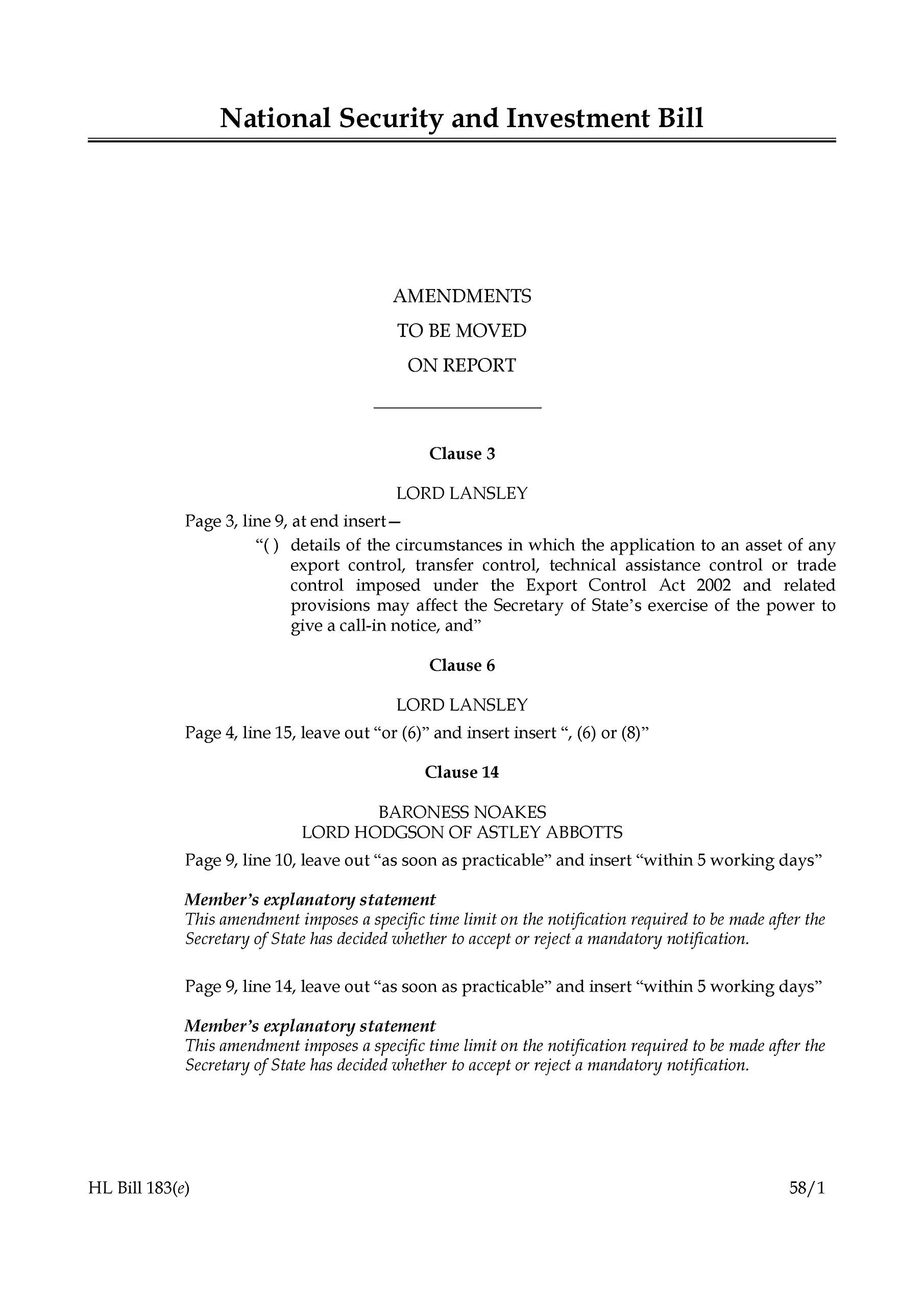 National Security and Investment Bill Amendments to be moved on Report (House of Lords) HLB 183 e Books