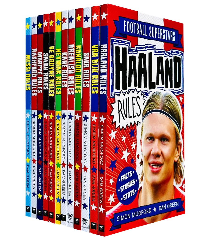 Football Superstars 12 Books Collection Rules Mega Pack Set By Simon Mugford & Dan Green(Fact,Stories & Starts)(Rolando, Neymar, Messi, Kane, Mbappé, Rashford, Haaland & More) Books