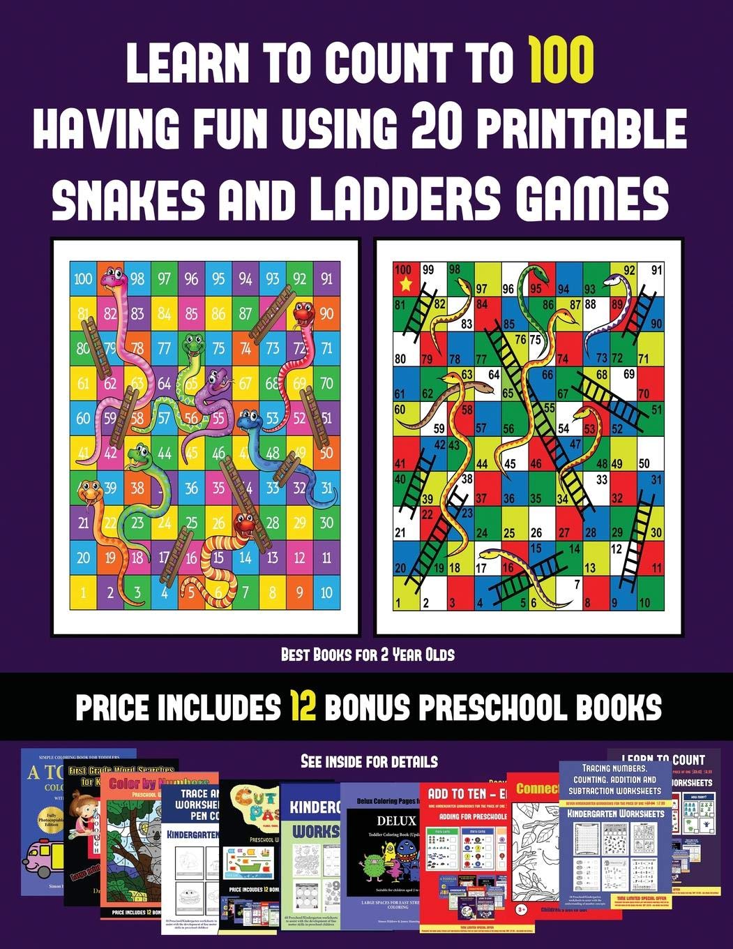 Best Books for 2 Year Olds (Learn to count to 100 having fun using 20 printable snakes and ladders games): A full-color workbook with 20 printable ... PDF kindergarten/preschool workbooks Tiptoi & Games
