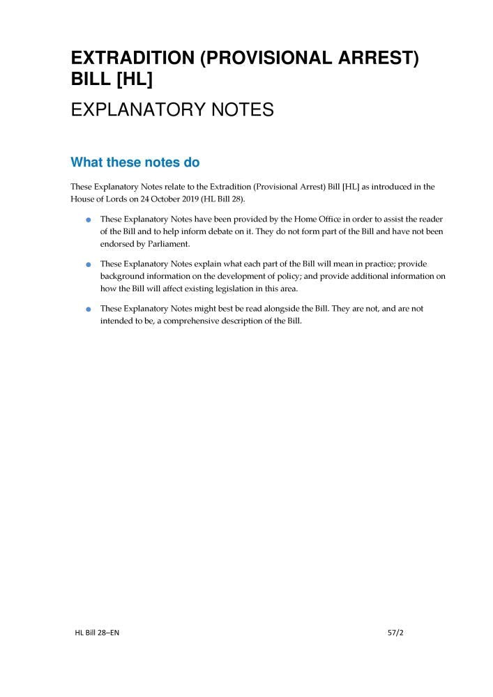 Extradition (Provisional Arrest) Bill Explanatory Notes (House of Lords) HLB 28-EN Books