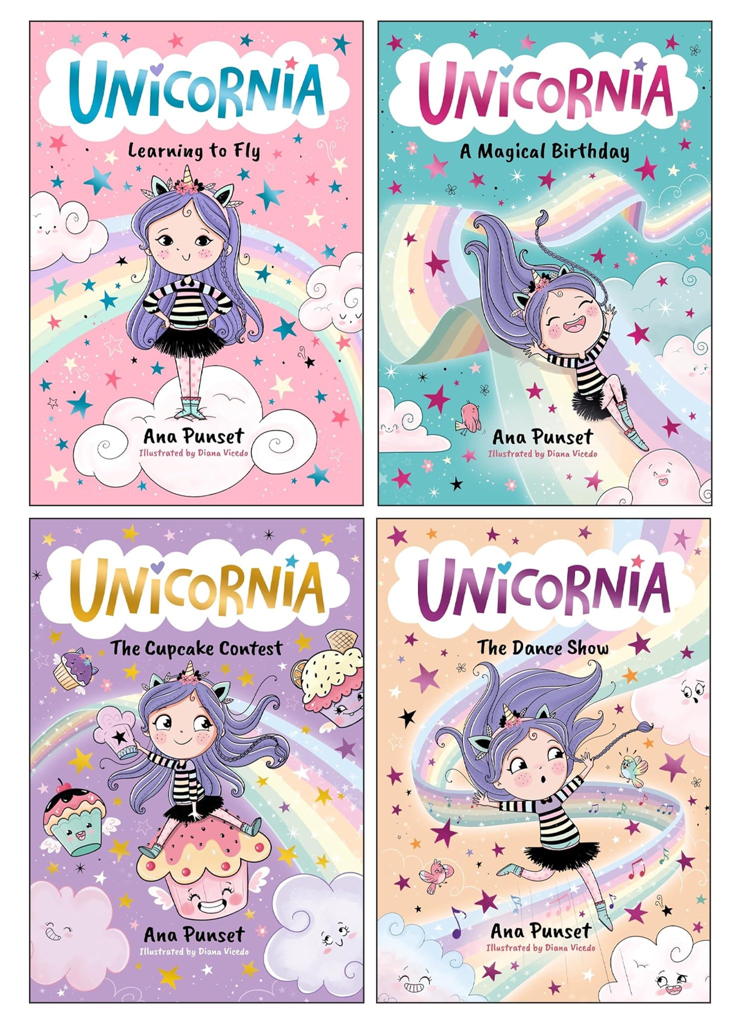 Unicornia Series: A Magical Unicorn School Fiction Story for Kids Illustrated 4 Books Collection Set (Unicornia: Learning to Fly, A Magical Birthday, The Cupcake Contest & The Dance Show) Novels & Short Stories
