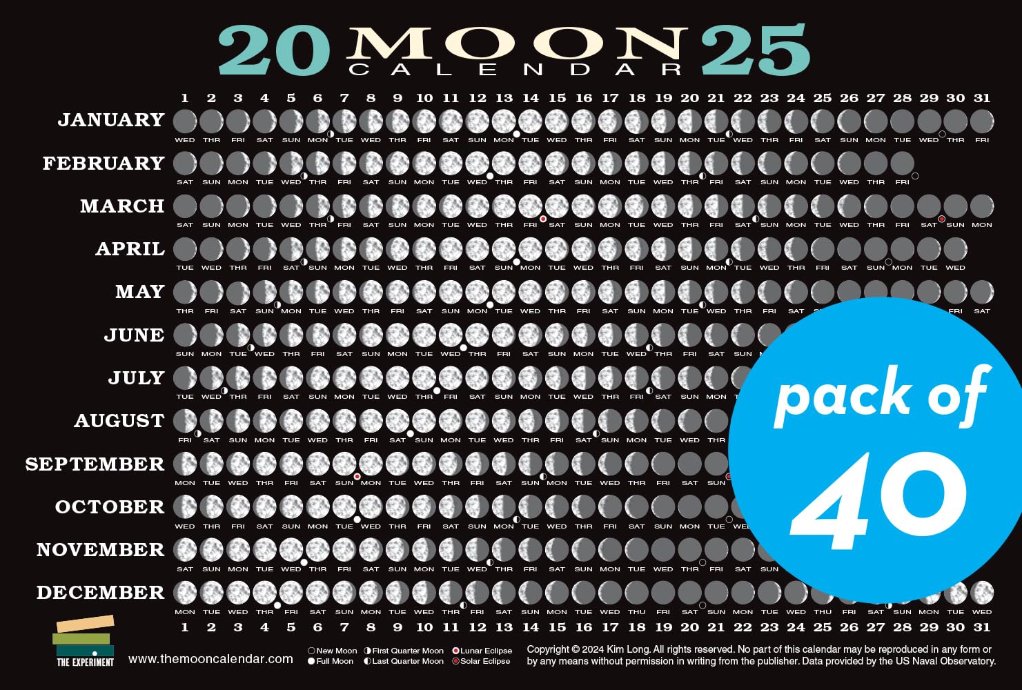 2025 Moon Calendar Card (40 pack): Lunar Phases, Eclipses, and More! Mathematics