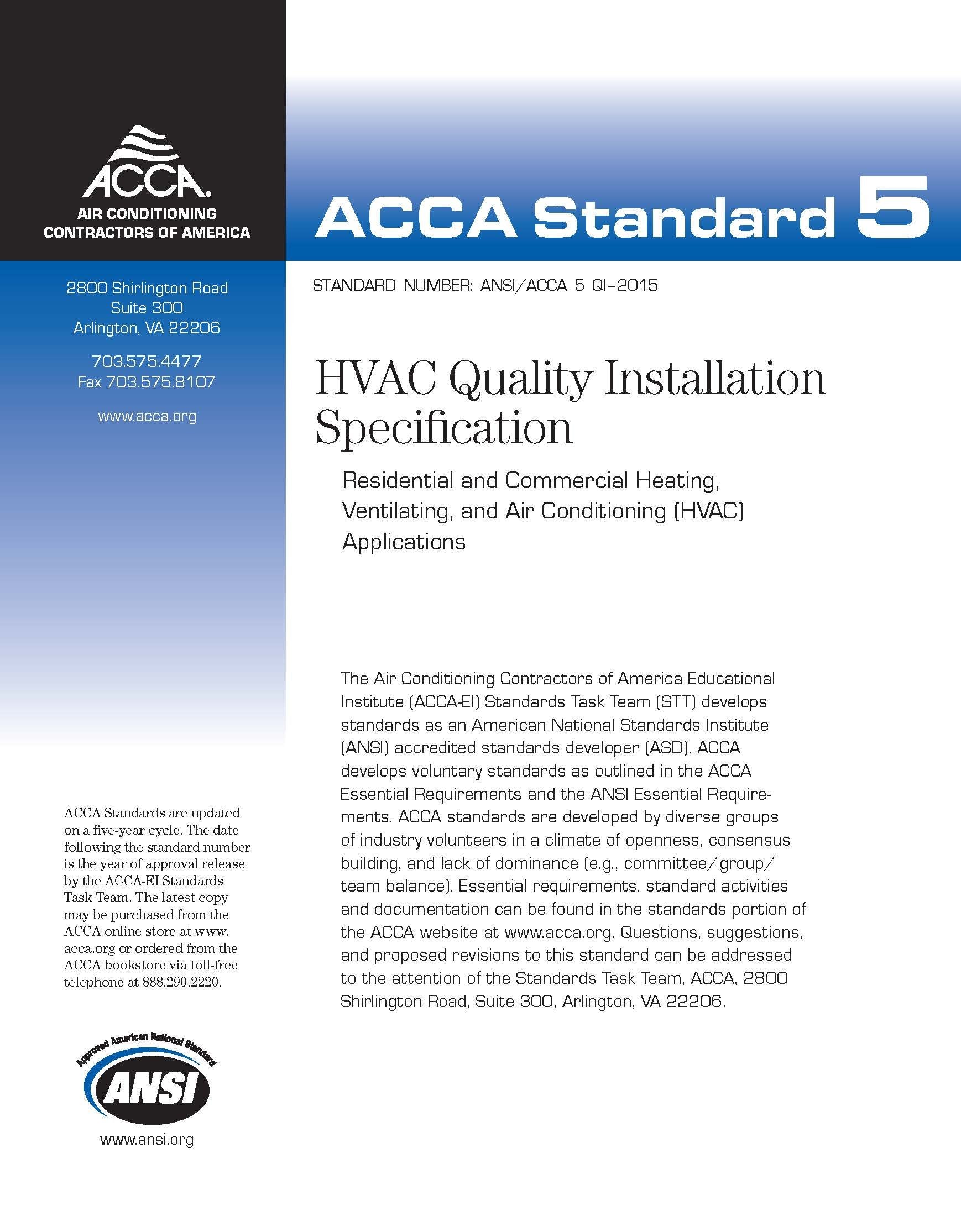 Qi Hvac Quality Installation Specification Standard Number ANSI/Acca 5 Qi 2015 Hobbies & Crafts