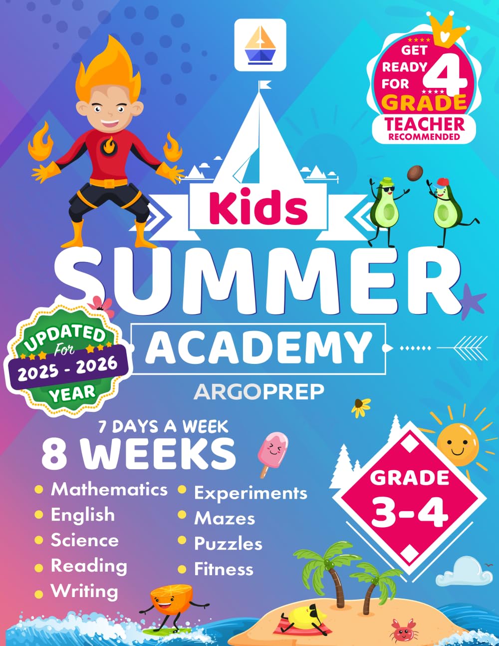 Kids Summer Academy by ArgoPrep - Grades 3-4: 8 Weeks of Math, Reading, Science, Logic, Fitness and Yoga | Online Access Included | Prevent Summer Learning Loss Lifestyle
