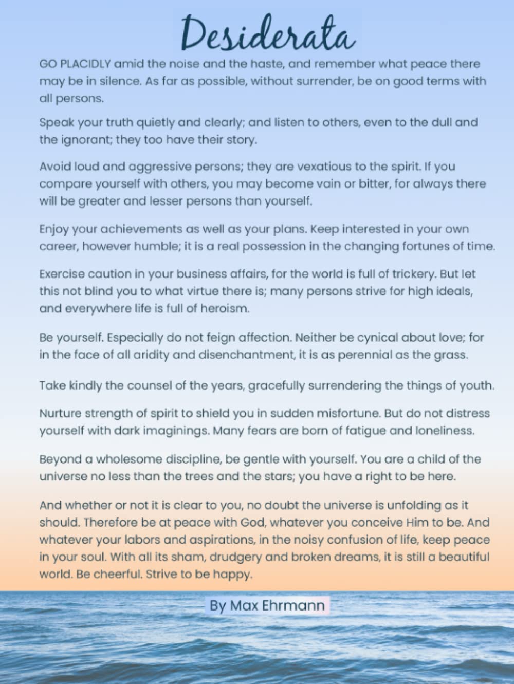 Desiderata: Hardcover Journal Notebook 8.5" x 11", Large, Lined, Inspirational Poetry Ocean Cover Essays & Short Stories